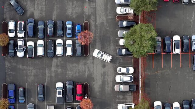 Top down view of parking lot with car trying to do reverse parking in the lot.