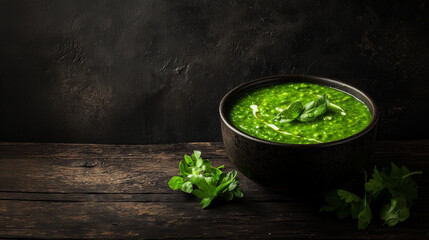 Vibrant Green Pea Soup In Dark Bowl On Rustic Wood Tabletop With Parsley Garnishes