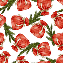 Red gift bags and green fir branches hand drawn seamless pattern, Christmas background.