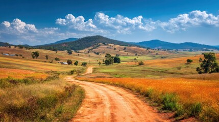 Fototapeta premium A peaceful dirt road meanders through vibrant fields and hills inviting exploration and tranquility.