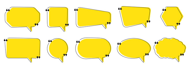 Obraz premium Set of 10 bright yellow speech bubbles in various modern shapes rectangle, oval, cloud, hexagon, rounded with black quotation marks and white outline. Perfect for quotes, testimonials, ads, comics
