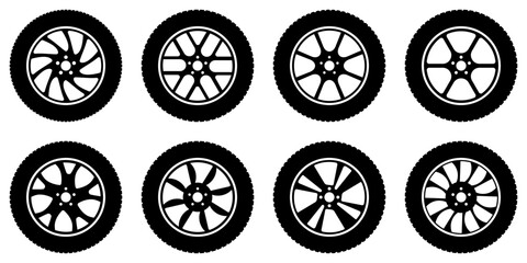 8 black and white car wheel icons with sporty, modern rim designs. Suitable for automotive brands, tire shops, apps, ads, and infographics. Vector style, easy to scale and customize.