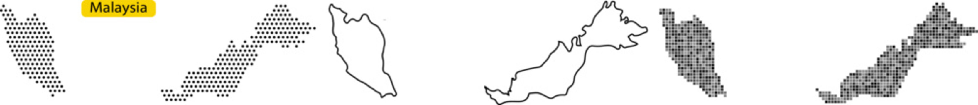 Set of five dotted outline maps of malaysia showing peninsular malaysia and east malaysia islands