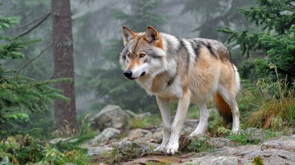Fototapeta premium Siberian Wolf Walks Through Taiga Forest as a Symbol of Protector Spirit in Slavic Tradition
