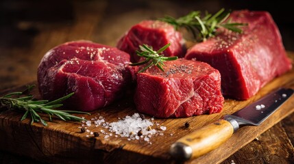 Ample cuts of fresh red meat sit on a wooden board perfectly garnished with herbs and spices.