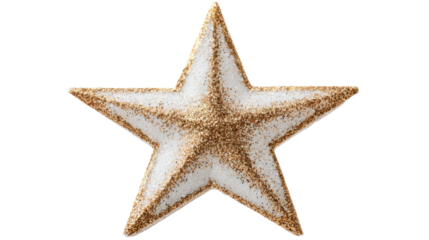 Gold and white glitter star ornament for festive holiday celebrations on transparent background