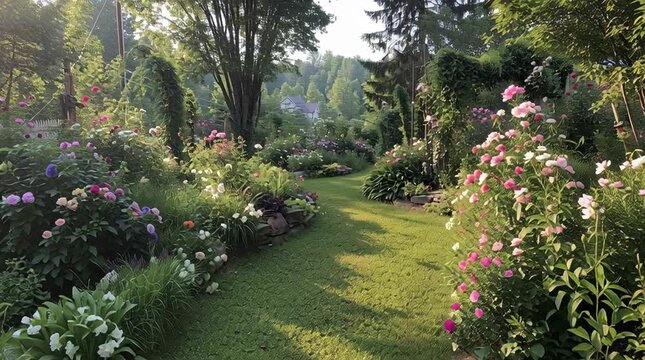 A winding grass path guides through a lush garden filled with blooming flowers and tall trees