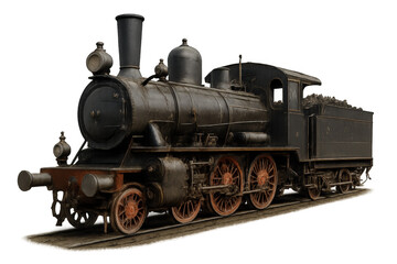 Naklejka premium Old black steam locomotive on railway, vintage train engine with coal carriage, transparent background