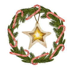 Festive christmas wreath clip art with candy canes and shining star isolated on white background.
