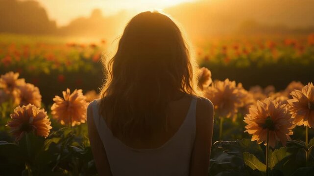 Video A woman stands among vibrant flowers quality footage