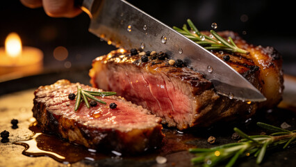 Close-up of a succulent steak being sliced, adorned with fresh rosemary and pepper, perfect for culinary blogs or gourmet menus.