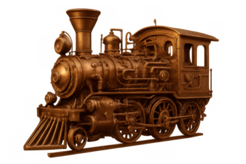 Bronze steam locomotive sculpture displaying intricate details of a classic train engine on a transparent background