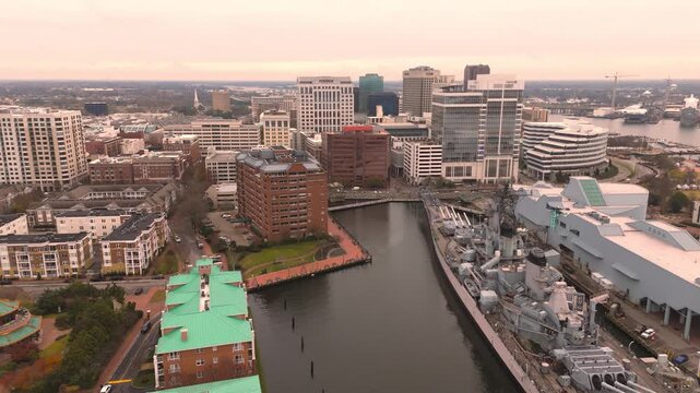 4K Dolly Shot of Downtown Norfolk Skyline on Elizabeth River