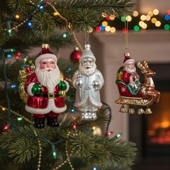 Vintage Christmas Santa Claus ornaments hanging on a Christmas tree 
