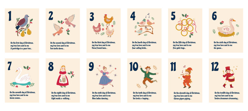 Set of the Twelve Days of Christmas, featuring charming holiday characters, birds, rings, musicians, and traditional imagery in a warm, vintage style. Vector art.
