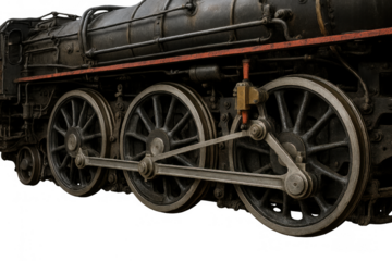 Steam train locomotive wheels detail with connecting rods, vintage industrial transportation engineering design, transparent background
