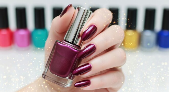 Main de femme tenant un flacon de vernis &agrave; ongles bordeaux fonc&eacute; avec une collection color&eacute;e en arri&egrave;re-plan. Concept de manucure, salon de beaut&eacute; et choix de couleur