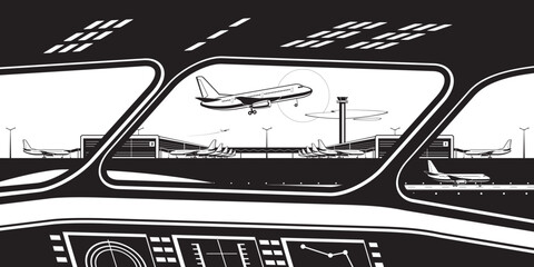 View to airport terminals from the cockpit of the plane  &ndash; vector illustration