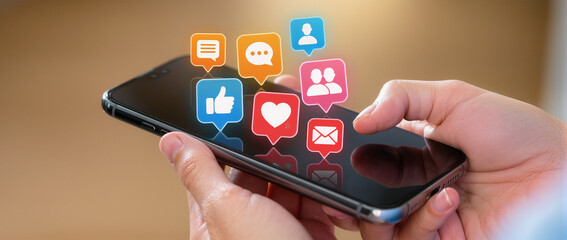 hands of woman using smart phone with notification icons of love, like, message, comment, email, address, shopping, star above smartphone screen, Social, media, Marketing concept