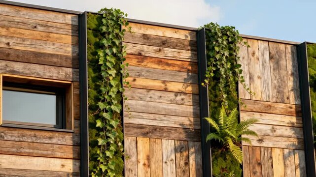 Medium shot capturing a sustainable facade featuring recycled wood and green plants promoting ecofriendly materials and improved insulation for environmentally conscious