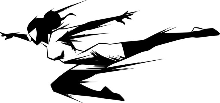 Dynamic sumi-e illustration of a woman with superhuman agility dodging
