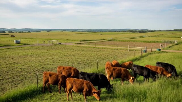 Medium shot showing fenced paddocks with controlled grazing intensity emphasizing strategic pasture utilization under rotational grazing systems.