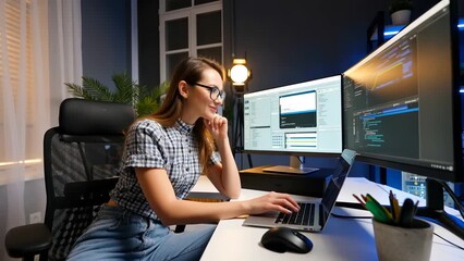 Young Woman Coding at Home Office with Dual Monitors and Laptop