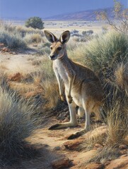 Obraz premium Kangaroo Stands on a Trail in the Australian Outback Showing Movement and Progress in Natural Surroundings at Midday