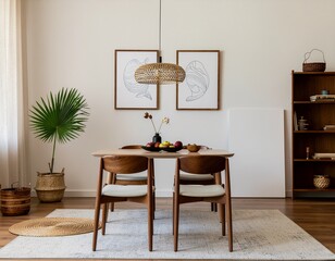 Stylish composition of dining room interior with design table, modern chairs, decoration, tropical leaf in vase, fruits, bookcase, abstract mock up paintings and elegant accessories in home decor