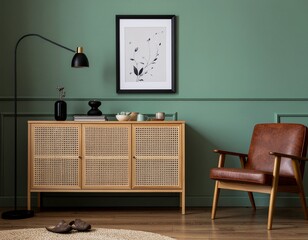 Stylish composition of elegant dining room interior design with velvet armchairs, design rouded wooden table and beautiful personal accessories. Glamour interior design inspiration. Template