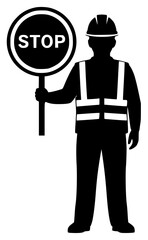 a construction worker holding a stop sign, monochrome, 4K, detailed, photorealistic
