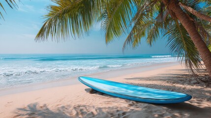 Fototapeta premium Surfboard on Sandy Beach Near Palm Tree in Sri Lanka, Showcasing Surfing Area and Water Sport Adventure Under Clear Sky