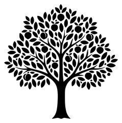 Obraz premium A black and white silhouette of a tree with leaves and fruit motifs, black, illustration, profile, tree, against transparent background