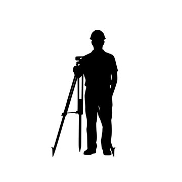 A silhouette of a construction worker holding a surveying device, camera, man, person, photo, photographer, profile, sky, stand, take, telescope, tripod, video camera, against transparent background