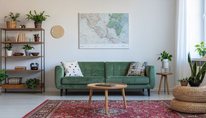 Stylish loft interior with green sofa, design pouf, mock up poster map, furniture, carpet, plants, decoration and elegant accessories. Modern home decor. Template