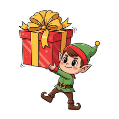 Cute christmas elf carrying a large red gift box with gold bow