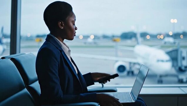 Business Traveler Working on Laptop at Airport Terminal Gate Lounge