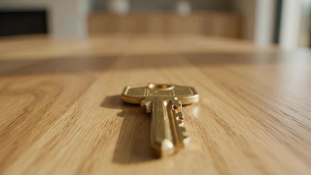 Golden house key lying on a light wooden table surface with shallow depth of field and warm sunlight