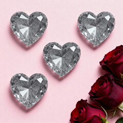 Fototapeta premium Grey cristal shaped hearts and red roses, on a soft pink background. Valentin's Day.