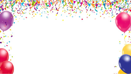 Festival birthday party or carnival frame with colorful confetti and balloons, png, isolated on transparent background, perfect for design and marketing