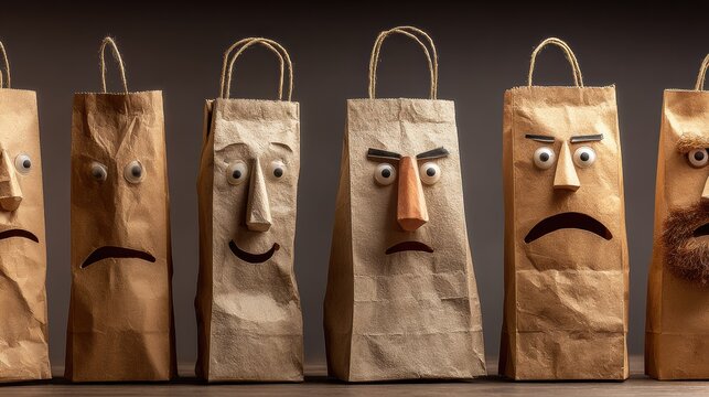 Disguised Personalities Show a Range of Emotions With Brown Bags Covering Their Heads Creating Poignant Feelings of Joy, Confusion, Anger, and Disappointment