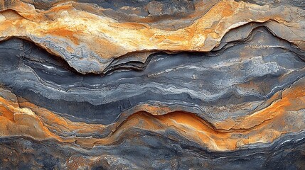 Detailed close up of layered rock formations with orange and gray hues creating a textured surface