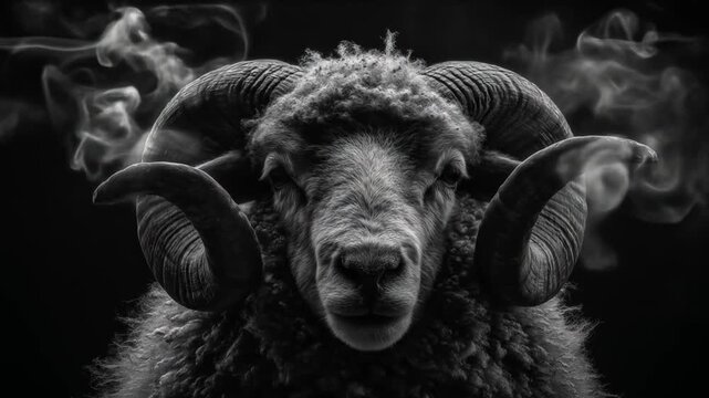 Close up of a rams head with large horns and smoky atmosphere