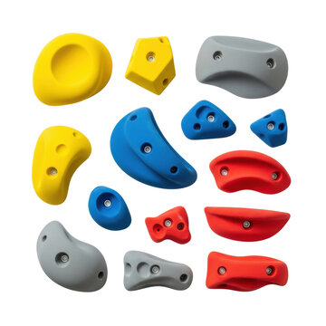 meticulously organized flat lay of colorful yellow, blue, red, and grey plastic climbing holds (jugs, crimps) against a transparent studio background. concept of active sports challenge