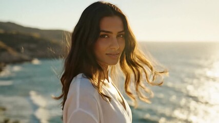Woman with long brown hair seen from behind looking out over the ocean and coastline during a golden sunset or sunrise