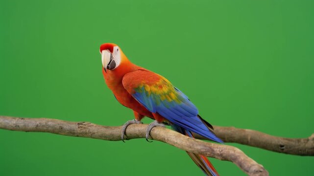 Realistic studio Parrot greenscreen vibrant tropical bird isolated with colorful feathers flying pose high detail natural texture clean chroma background for video editing animation advertising