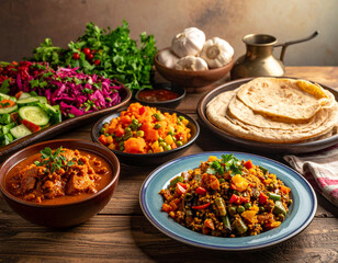 A festive Eritrean table is set with injera, zigni, shiro, and colorful vegetable sides for a holiday meal.