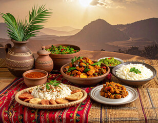 A festive Eritrean table is decorated with woven mats, clay pots, and a variety of traditional foods.