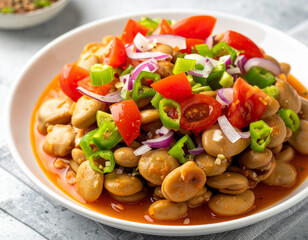 A plate of Eritrean ful medames fava beans is topped with chopped tomatoes, onions, and green peppers.