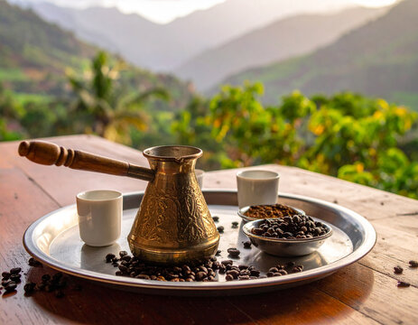 A traditional Eritrean coffee ceremony features a jebena pot, small cups, and roasted coffee beans on a tray.